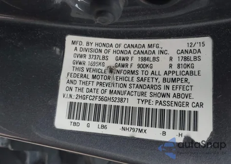 2016 Honda Civic Lx z USA, uszkodzony, nr VIN 2HGFC2F56GH523871